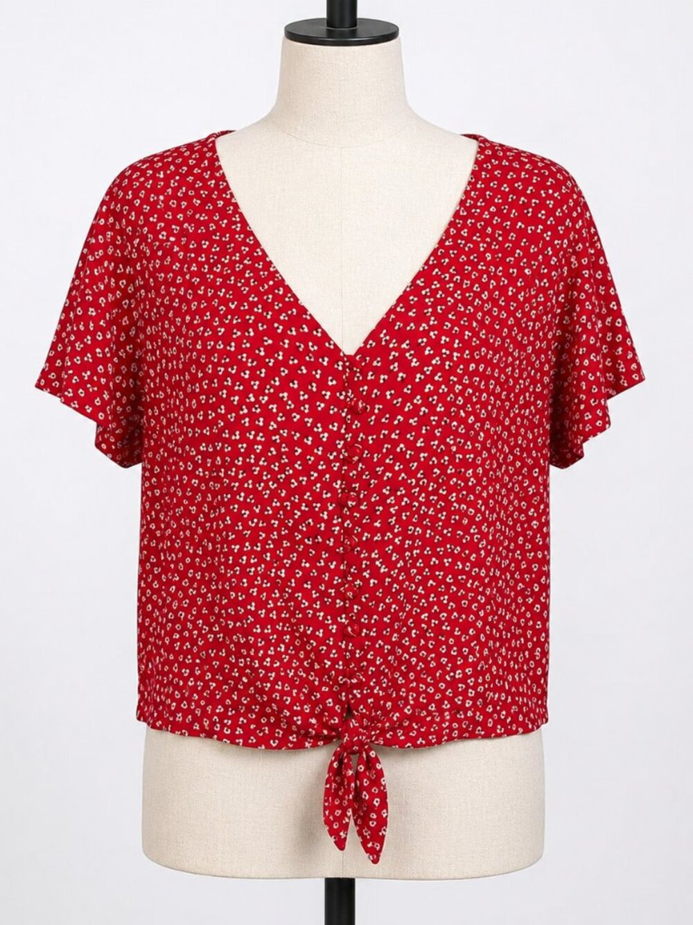 Sim Sam Red Ditsy Floral Tie Front Blouse Size M